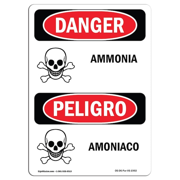 Safety Sign, OSHA Danger, 5" Height, Amoniaco, Bilingual Spanish, 10PK